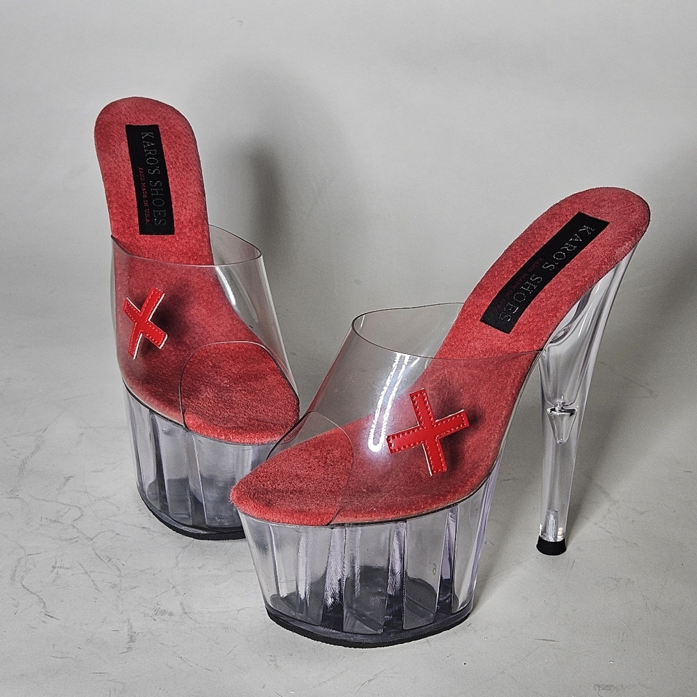 Karo's Shoes 6.5" heel, Clear Platform  mules. Size 6. "+"